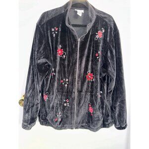 Alfred Dunner Black Floral Embroidered Zip-Up Jacket Womens Size 16 Cotton/Polye